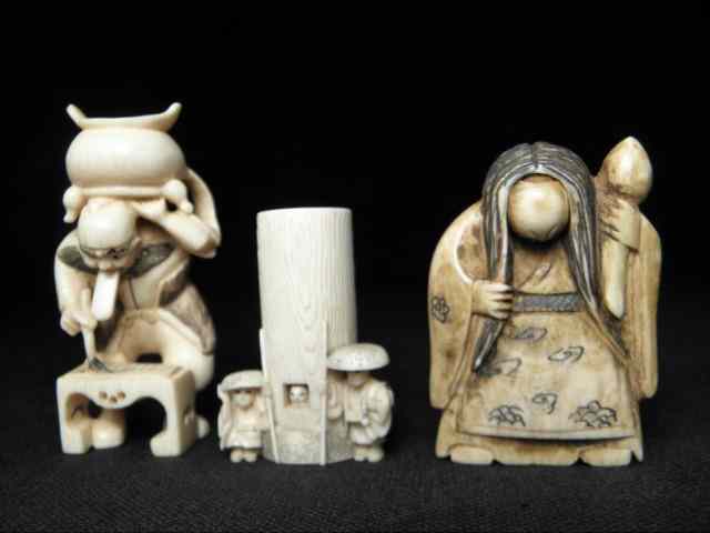 Appraisal: Three Japanese carved ivory Katakuri or ''trick'' netsukes Includes a