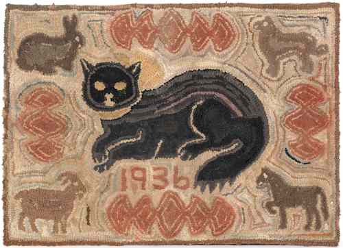 Appraisal: American hooked rug dated with a central cat surrounded by