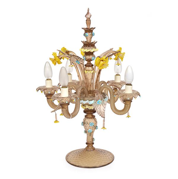 Appraisal: AN ELABORATE FIVE BRANCH VENETIAN GLASS LAMP IN CLEAR AND