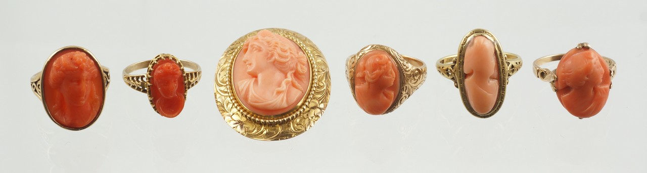 Appraisal: Unmarked YG oval carved coral cameo pin with unmarked YG