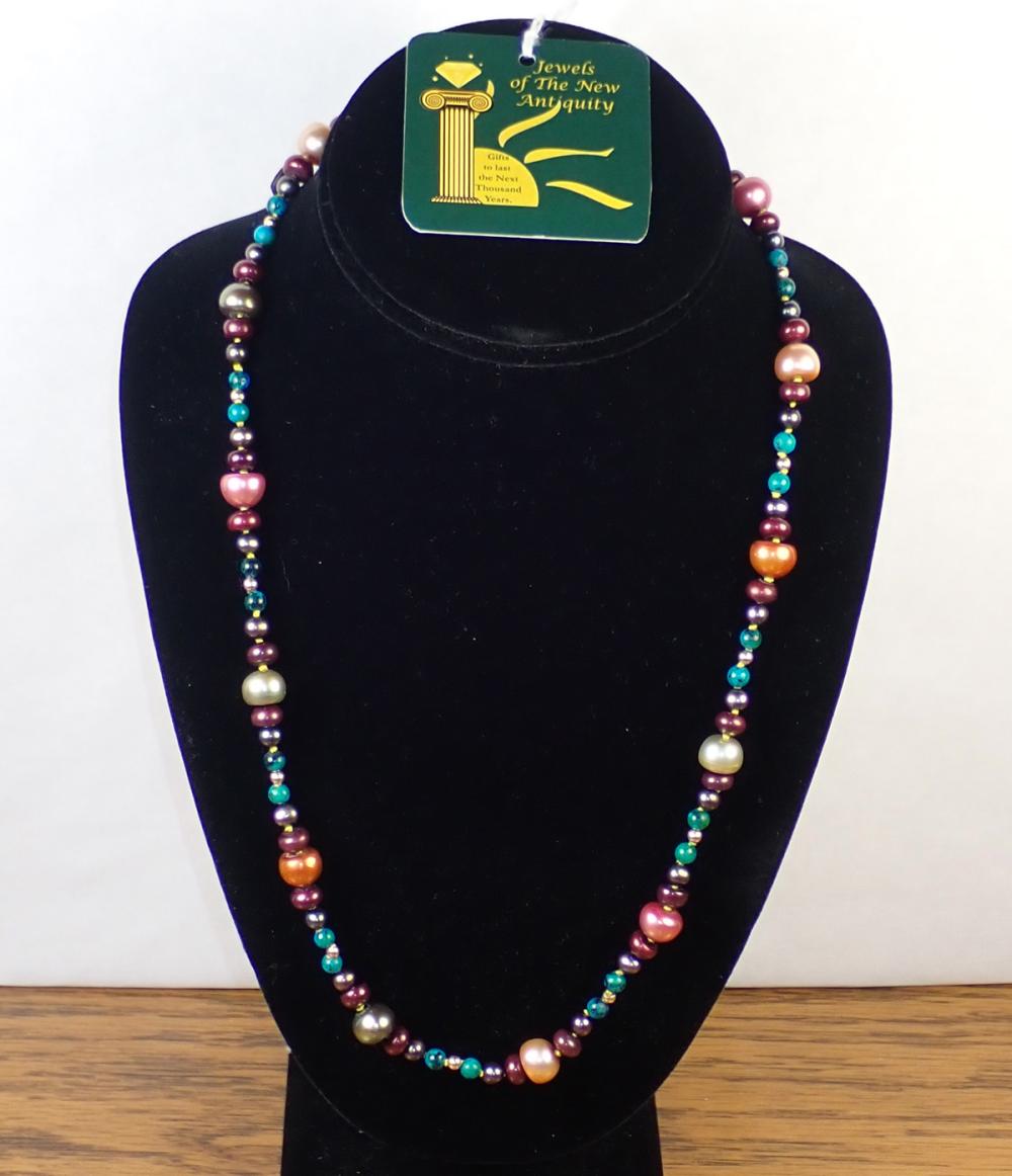 Appraisal: PEARL CHRYSOCOLLA AND FOURTEEN KARAT GOLD NECKLACE hand-knotted strand of