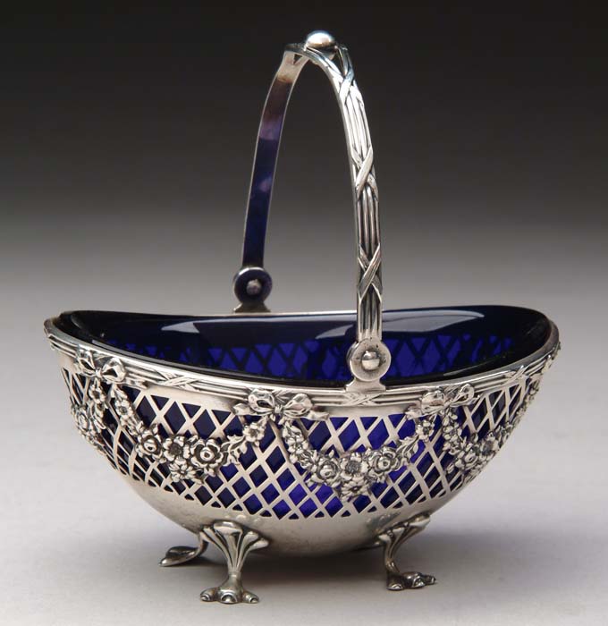 Appraisal: TIFFANY COBALT LINED MASTER SALT BASKET Oval reticulated basket with