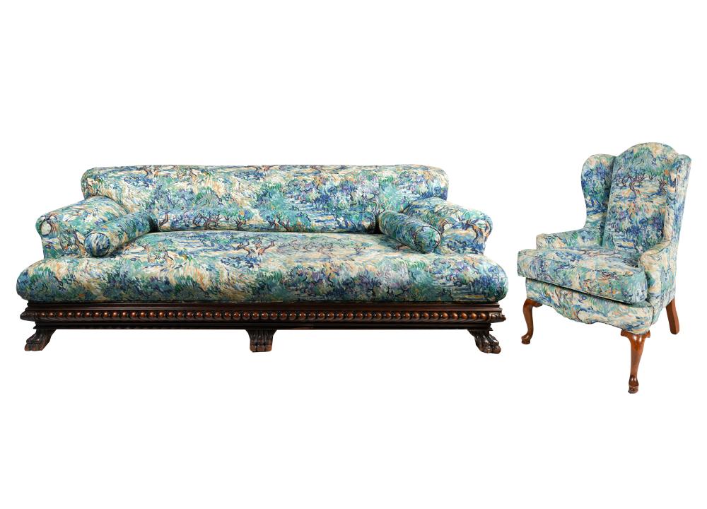 Appraisal: UPHOLSTRED SOFA ARMCHAIRthe frames not matching each covered with fabric