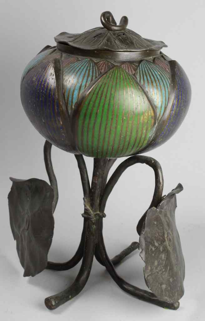 Appraisal: JAPANESE BRONZE AND CHAMPLEV WATER LILY FOOTED BOWL AND LID