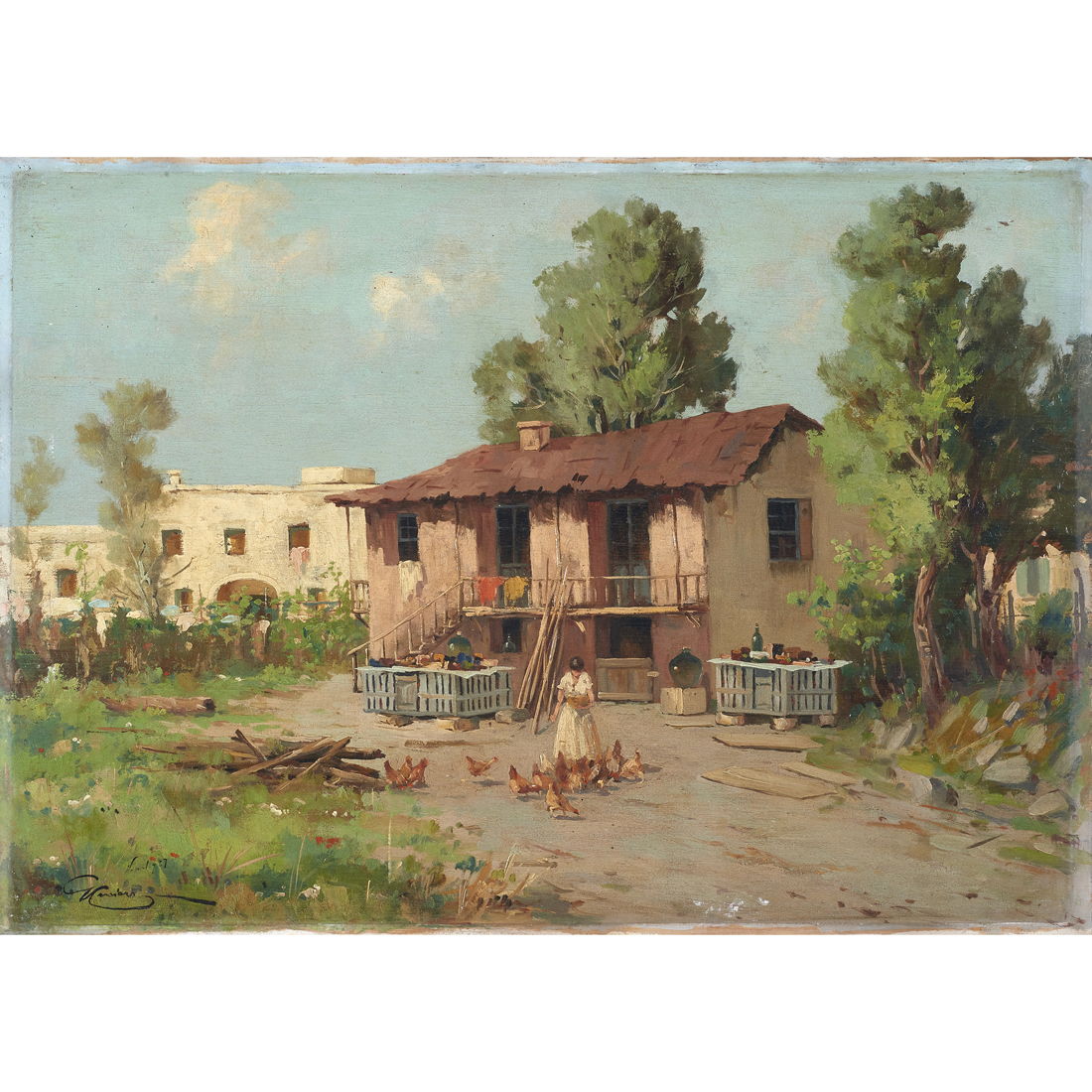 Appraisal: PAINTING GIUSEPPE CASCIARO Giuseppe Casciaro Italian - Untitled Feeding Chickens