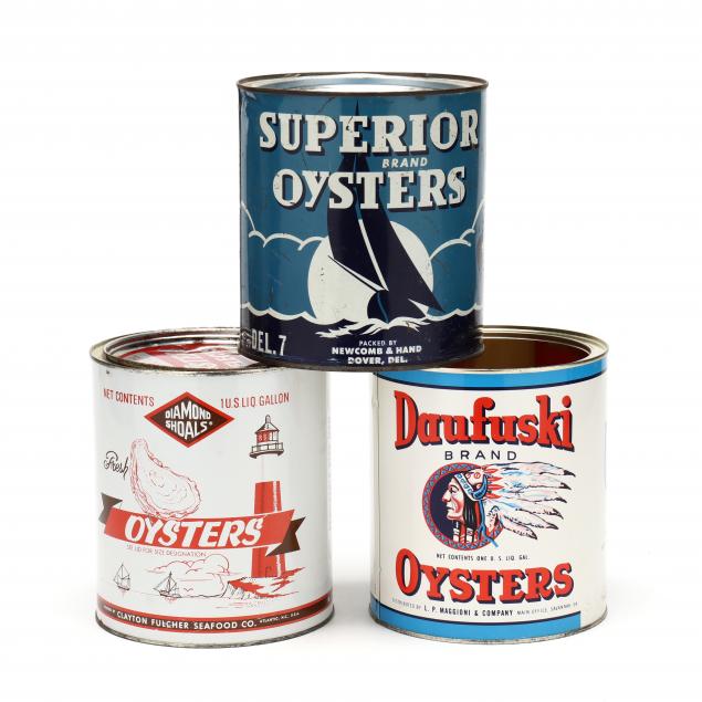 Appraisal: THREE VINTAGE SOUTHERN ONE GALLON OYSTER TINS Daufuski Oysters with