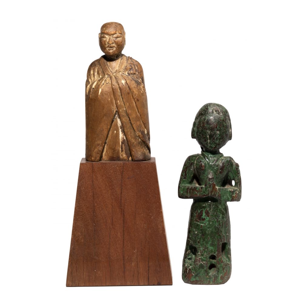 Appraisal: ASIAN CARVED WOOD FIGURES items including a robed Buddhist monk