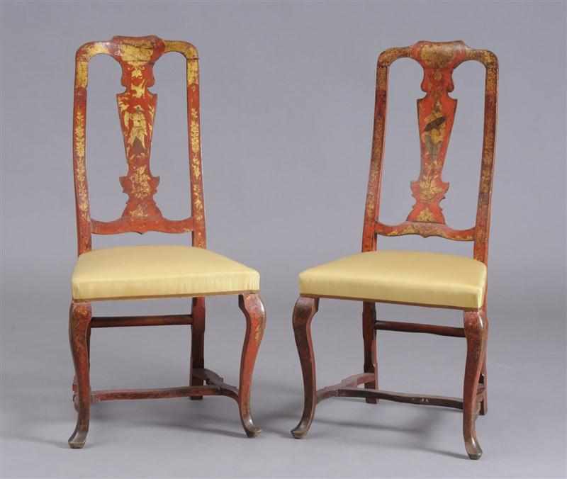 Appraisal: PAIR OF QUEEN ANNE RED JAPANNED SIDE CHAIRS Each spoon-shaped