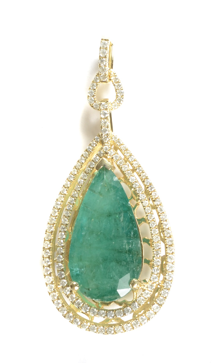 Appraisal: EMERALD DIAMOND AND FOURTEEN KARAT GOLD PENDANT with round-cut diamonds