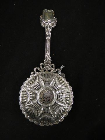 Appraisal: European Silver Tea Strainer elaborate fine excellent no monogram grams