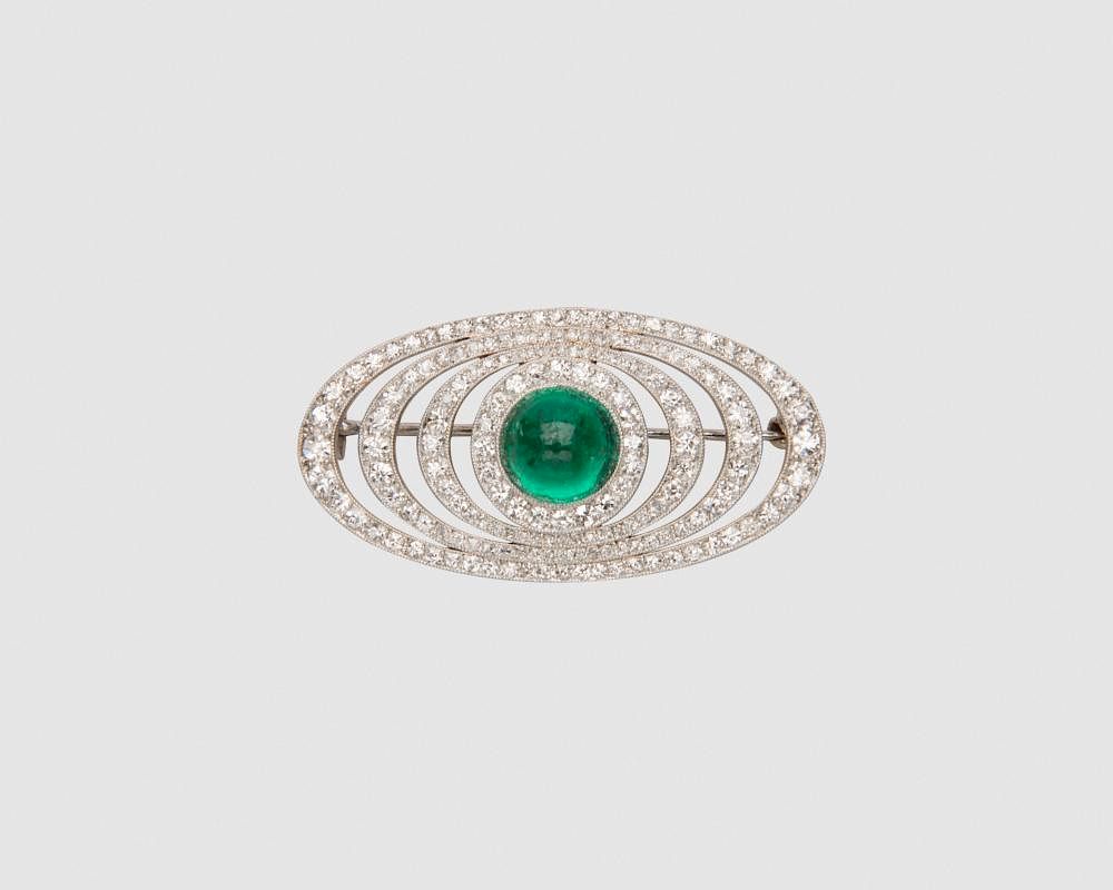 Appraisal: CARTIER Platinum Emerald and Diamond Brooch CARTIER Platinum Emerald and