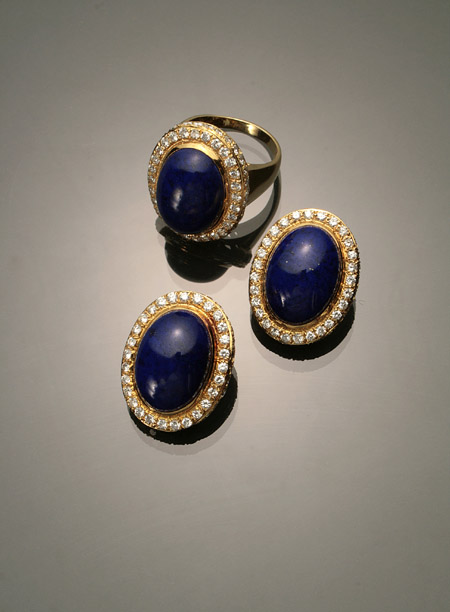 Appraisal: -Karat Yellow-Gold Lapis Lazuli and Diamond Three-Piece Ensemble Consisting of