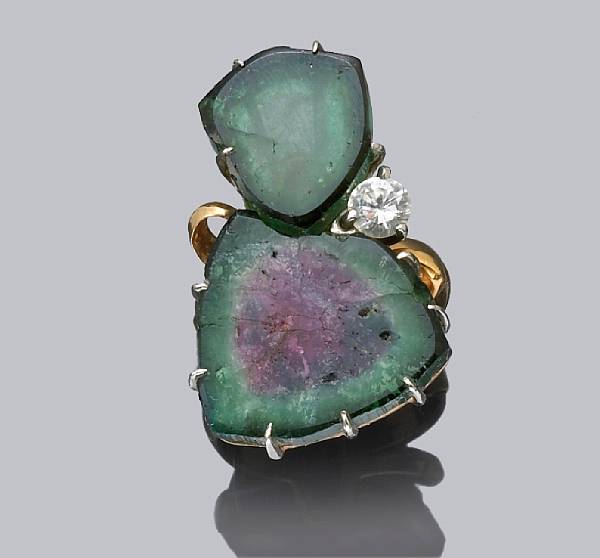 Appraisal: A watermelon tourmaline and diamond ring mounted in fourteen karat