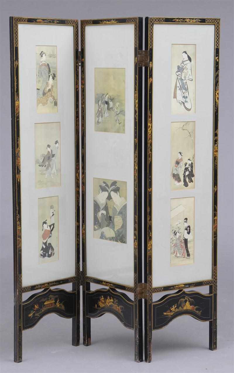 Appraisal: CHINOISERIE BLACK LACQUER THREE-PANEL FOLDING SCREEN Each fold with three