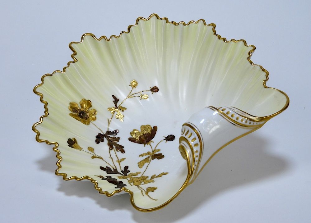 Appraisal: Lotus Ware Gilt Floral Porcelain Clam Shell Dish United States