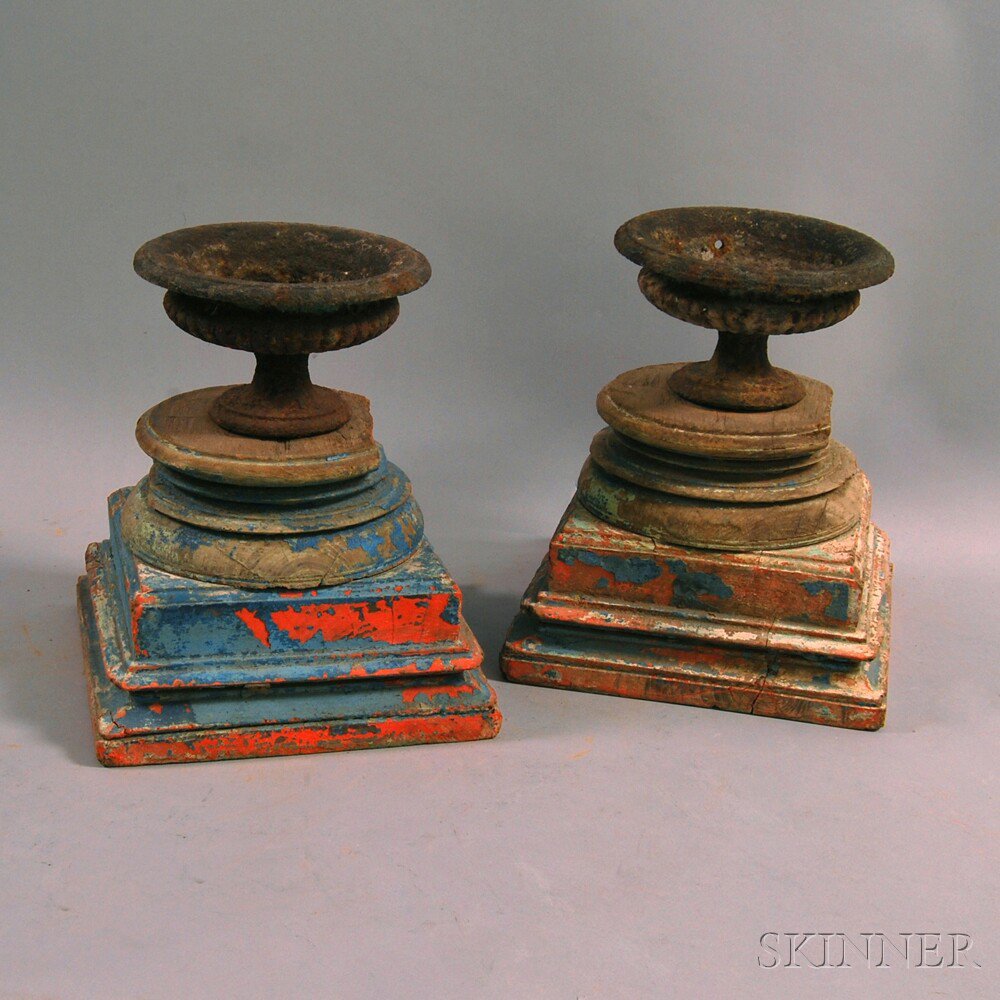 Appraisal: Pair of Painted Wood and Cast Iron Urns th century