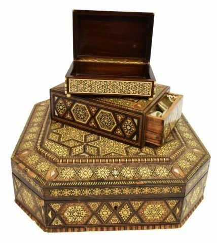 Appraisal: lot of Arabesque inlaid table boxes each densely inlaid with