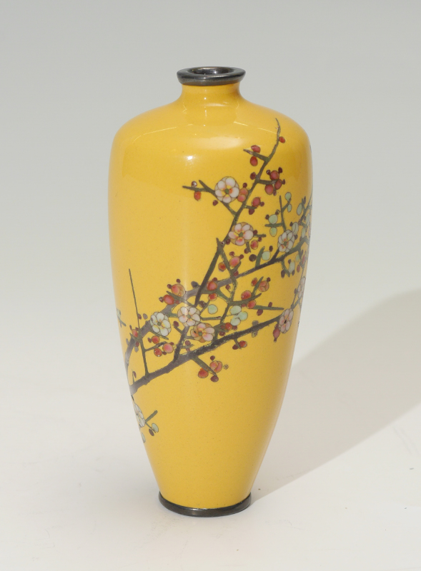 Appraisal: SIGNED MINIATURE JAPANESE CLOISONNE VASE Yellow ground with flowering branch