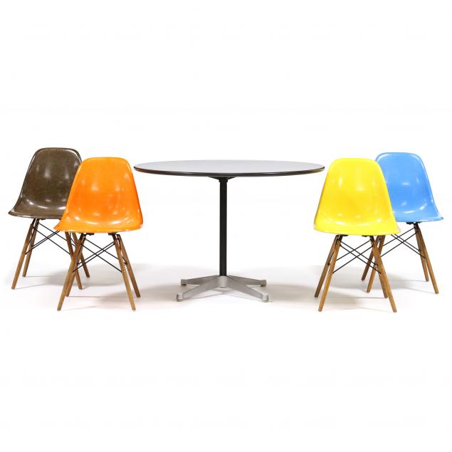 Appraisal: CHARLES RAY EAMES PEDESTAL TABLE AND FOUR CHAIRS Herman Miller