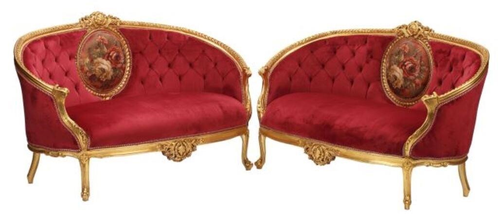 Appraisal: pair Louis XV style carved and gilded wood settees in