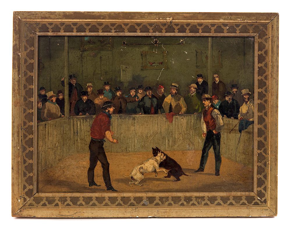 Appraisal: Rare 's Oil Painting Pit Bull Dog Fighting Arena Measures