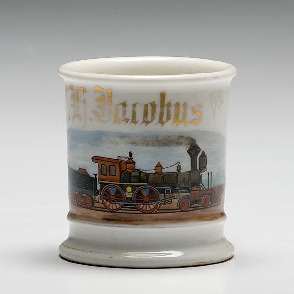 Appraisal: RAILROAD ENGINEER'S OCCUPATIONAL SHAVING MUG porcelain with polychrome painted scene