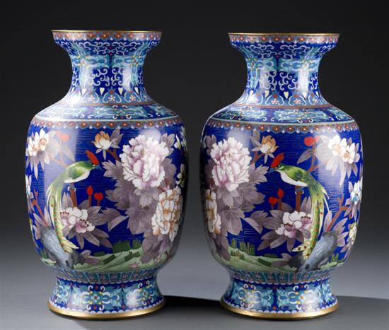 Appraisal: Pair of Chinese cloisonne vases th century The tapering cylindrical