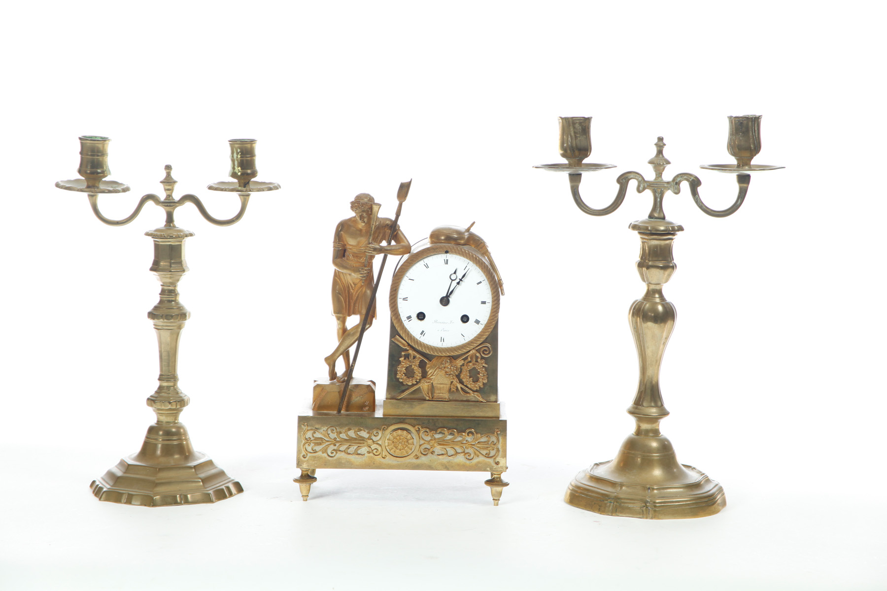 Appraisal: BRASS MANTEL CLOCK AND PAIR OF CANDELABRA Nineteenth century Figural