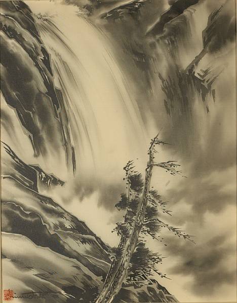 Appraisal: Chuira Obata - Cascade Waterfall Yosemite Ink on silk framed