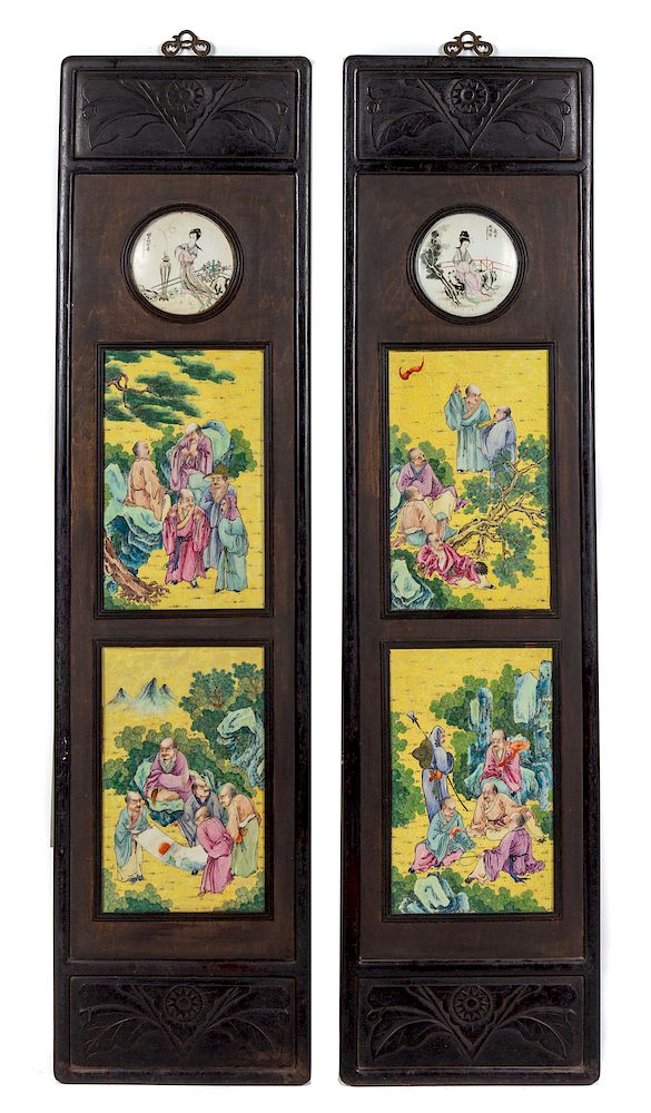 Appraisal: Two Chinese Famille Rose Porcelain Inset Hardwood Wall Panels Each