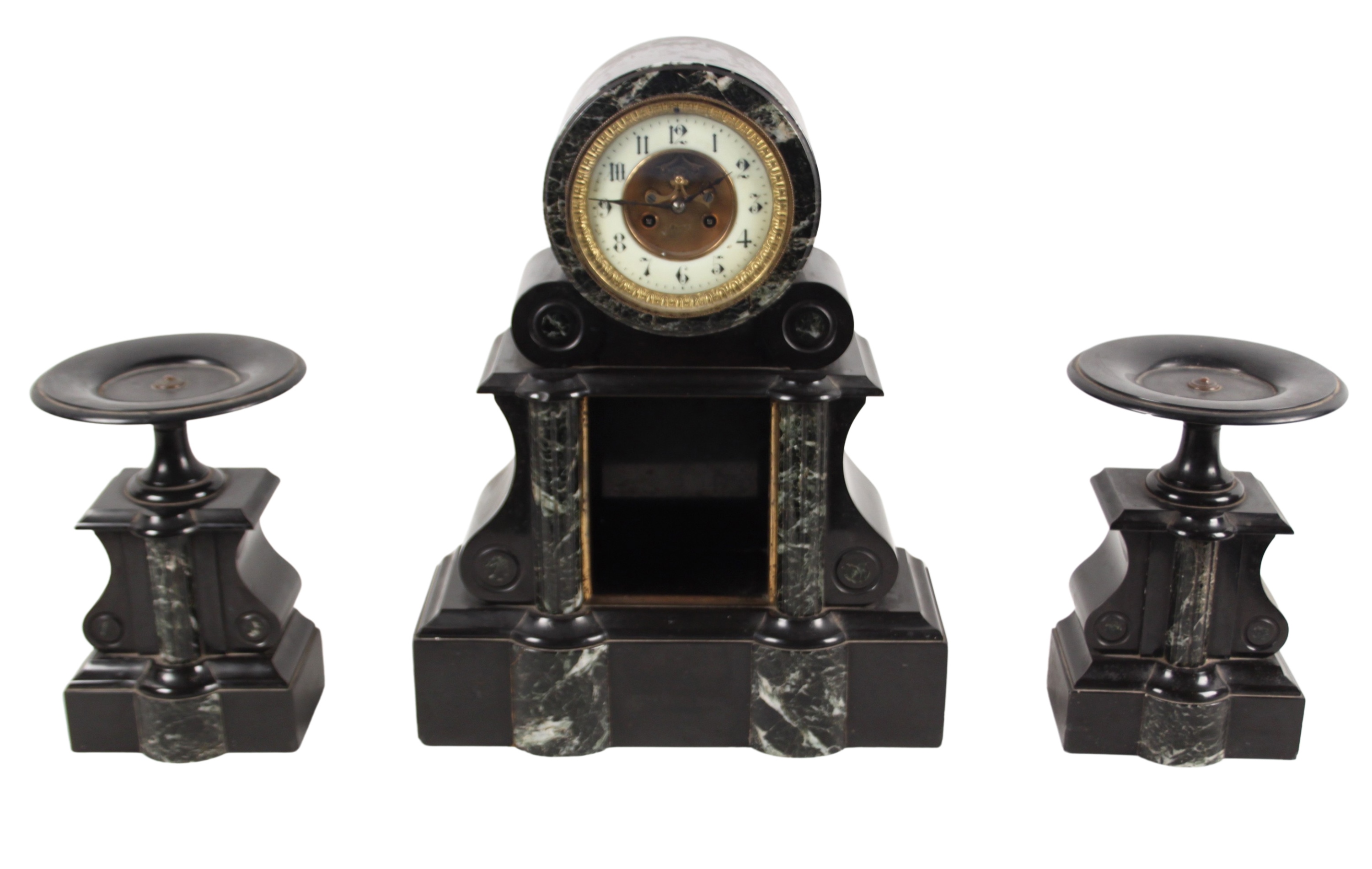 Appraisal: piece French verde marble and black onyx clock set having