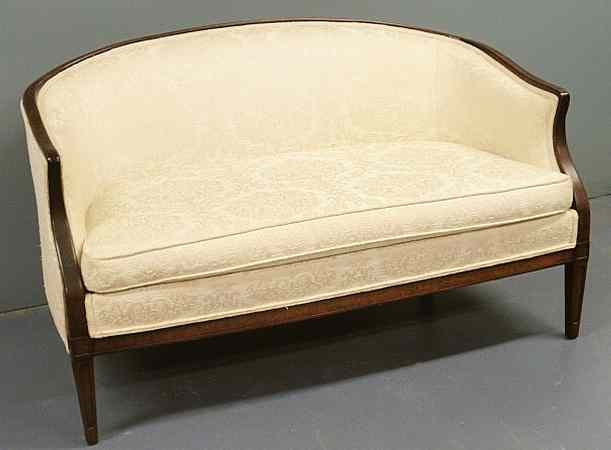 Appraisal: Hepplewhite style mahogany love seat with pale yellow cream damask