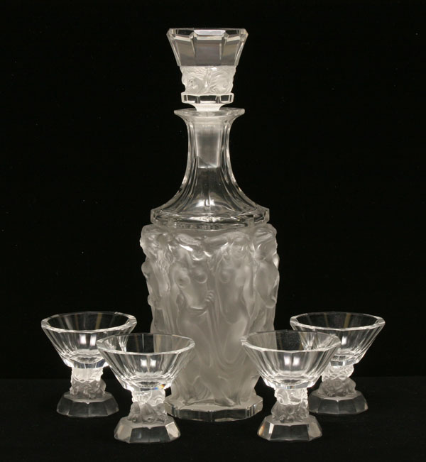 Appraisal: Continental decanter and liqueur glasses in the style of Lalique