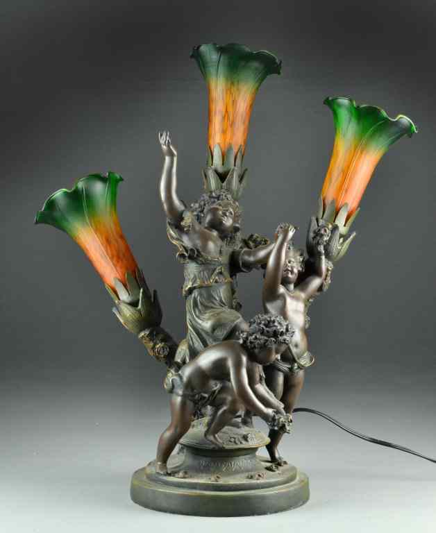 Appraisal: Art Nouveau -Light Floriform LampDepicting three cupids holding flowers three