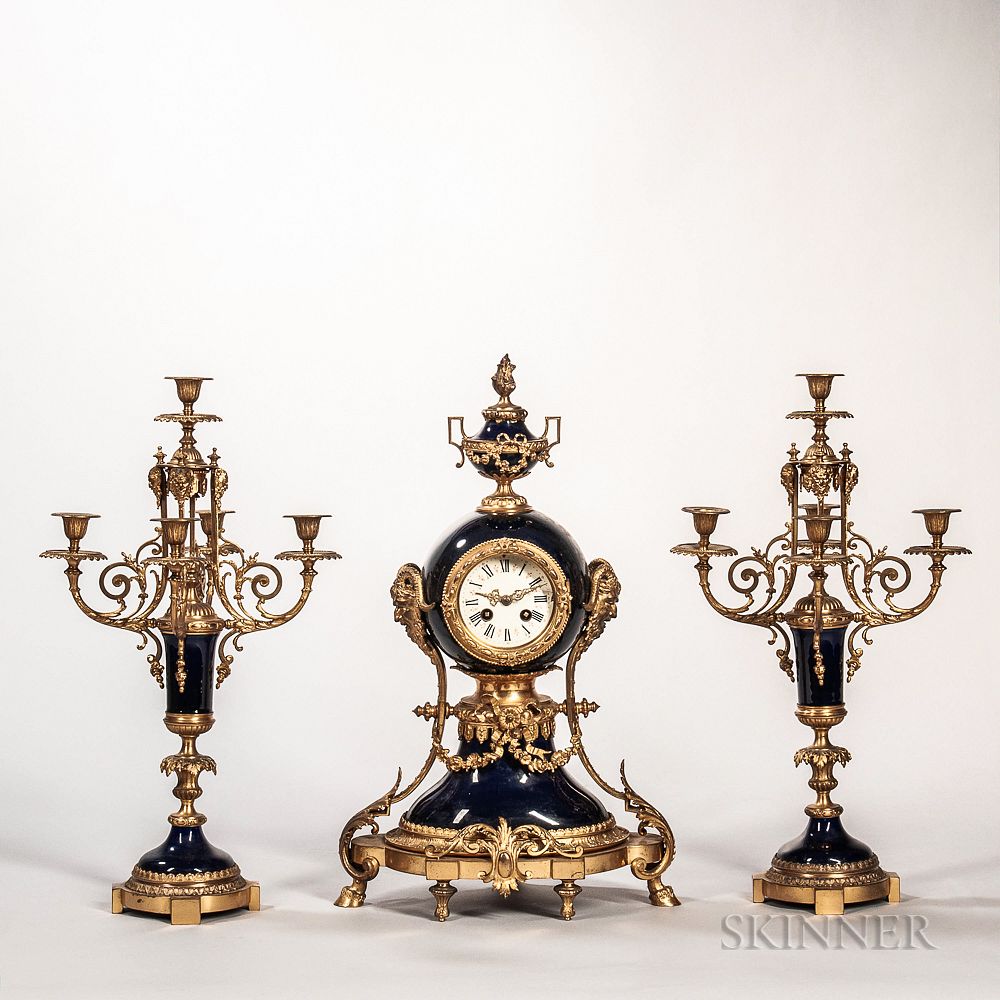 Appraisal: Louis XVI-style Three-piece Clock Garniture Louis XVI-style Three-piece Clock Garniture