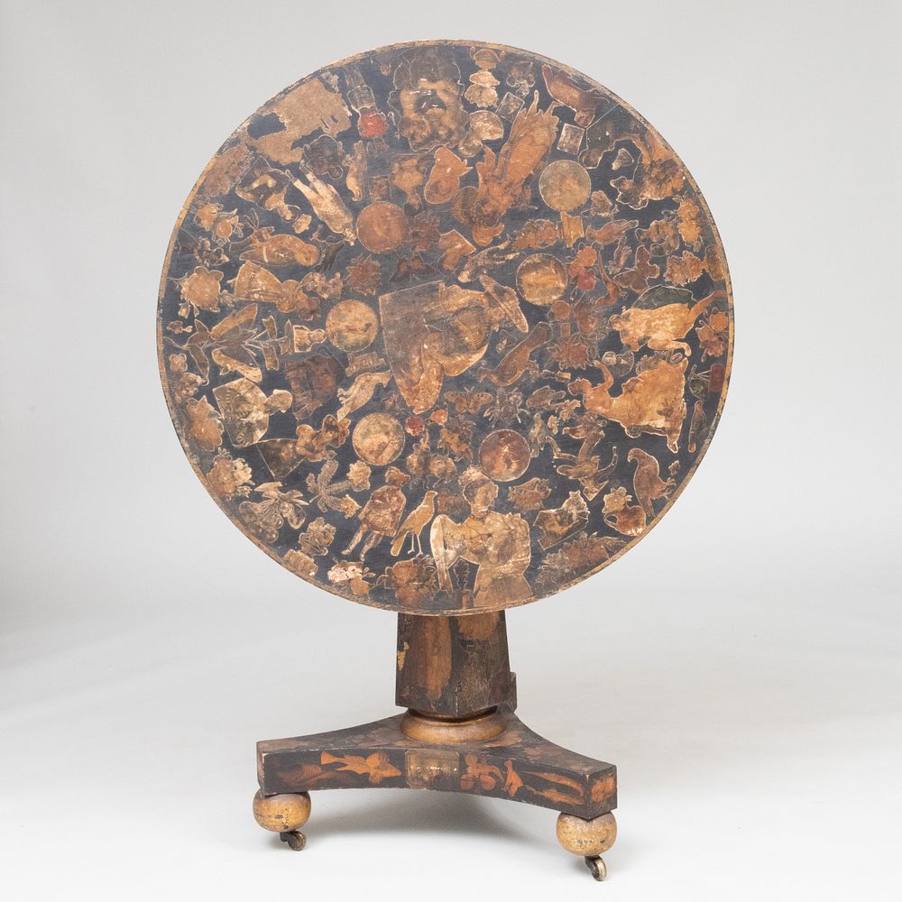 Appraisal: Rare Classical Painted and Decoupaged Tilt-Top Center Table x in