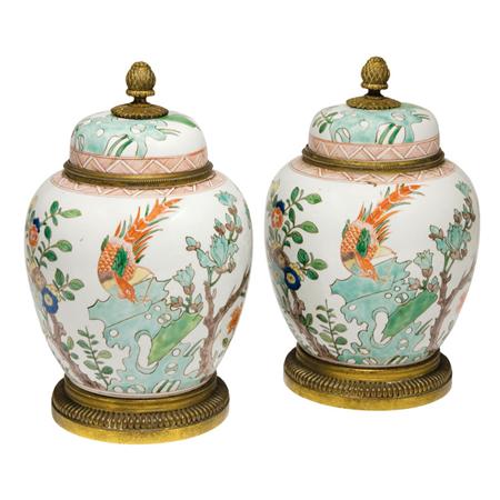 Appraisal: Pair of Samson Gilt-Bronze Mounted Famille Verte Porcelain Covered Jars