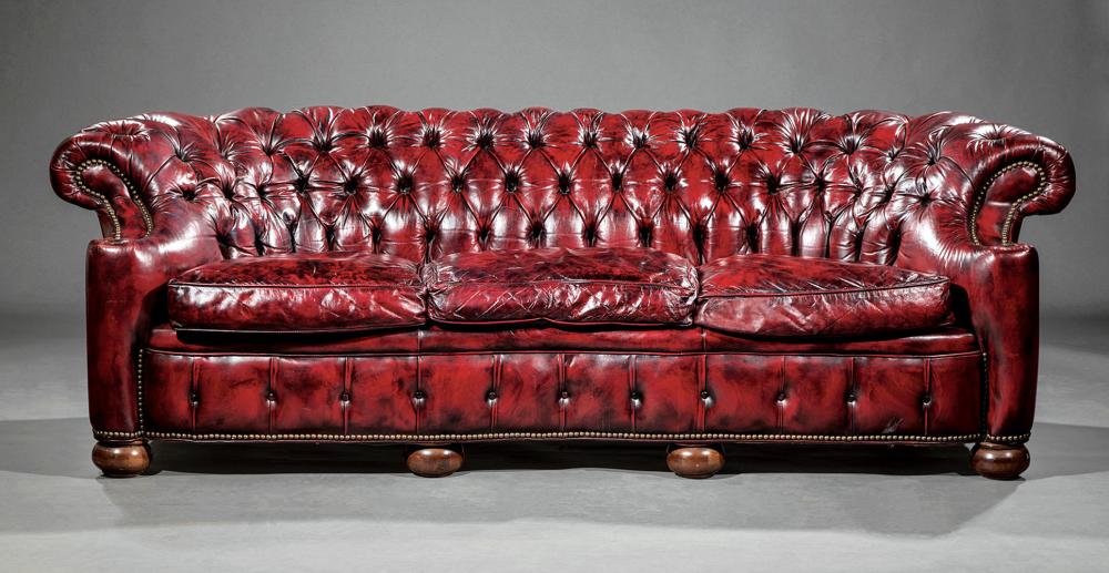 Appraisal: American Tufted Leather Chesterfield Sofa loose seat cushions brass nailhead