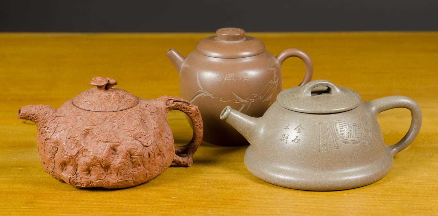 Appraisal: THREE ZISHA TEAPOTS including one with organic textured body and