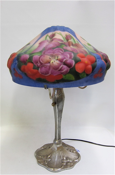 Appraisal: A PUFFY PAIRPOINT STYLE TABLE LAMP the reverse hand painted