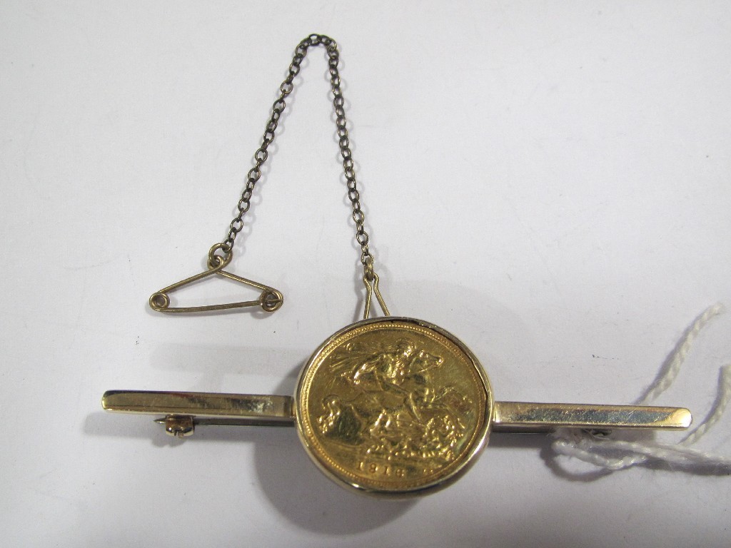 Appraisal: George V half sovereign dated in yellow metal bar brooch