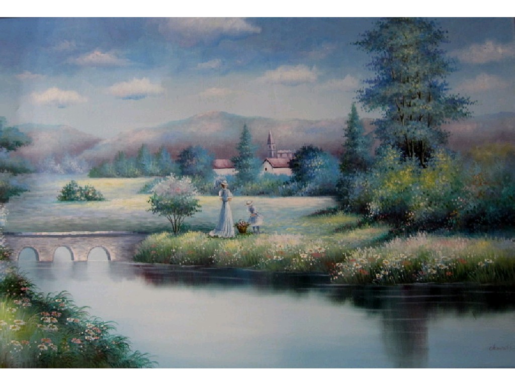 Appraisal: Oil on canvas landscape with figures by a river