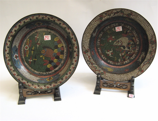 Appraisal: CLOISONNE BOWLS WITH HARDWOOD DISPLAY STANDS pieces The colorful shallow