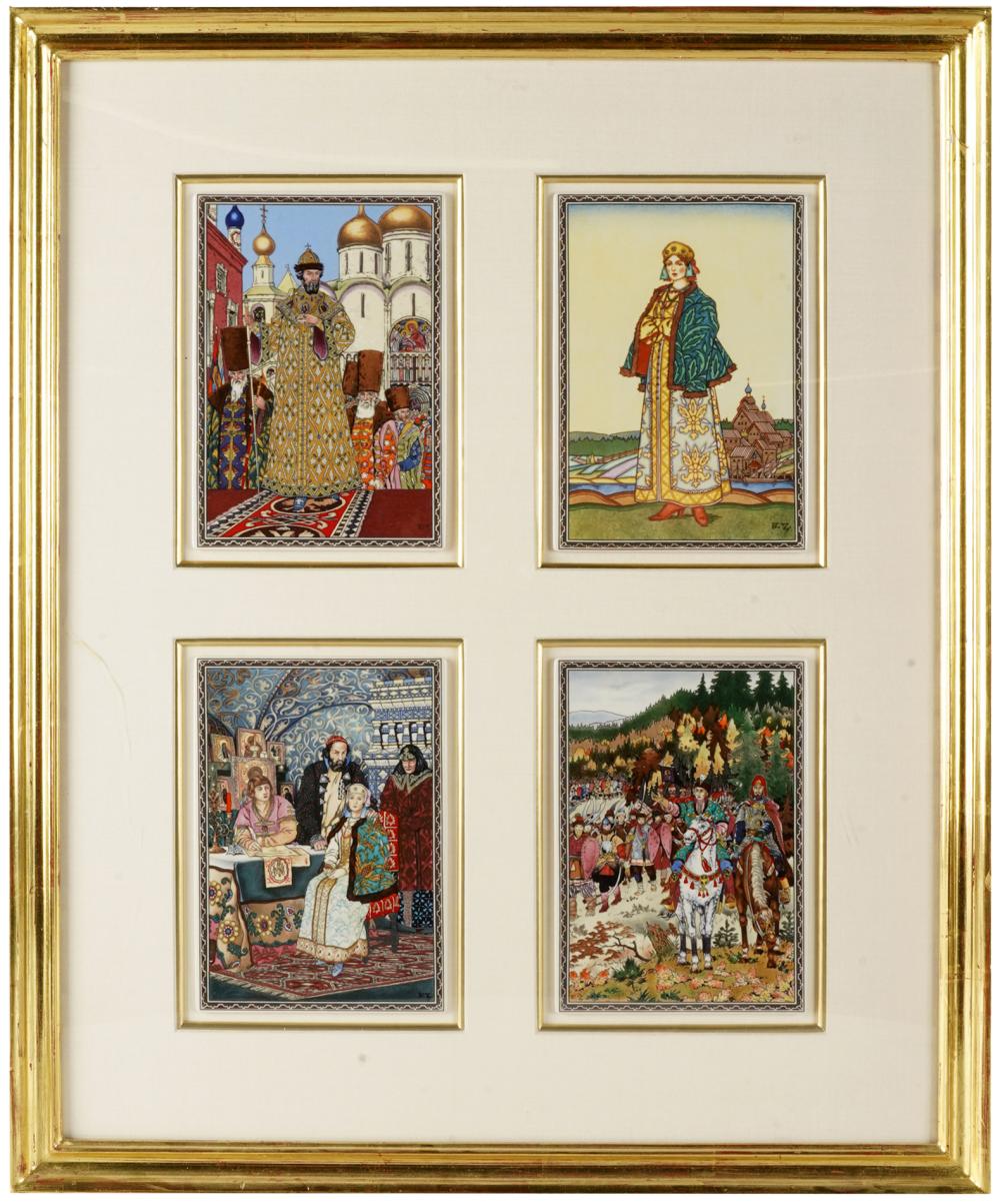 Appraisal: FOUR RUSSIAN PORCELAIN PLAQUESin one frame each transfer-printed with a