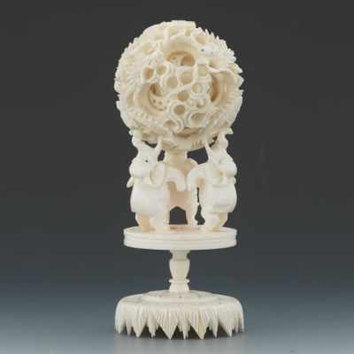 Appraisal: Ivory Puzzle Ball on Stand Carved Ivory puzzle ball on