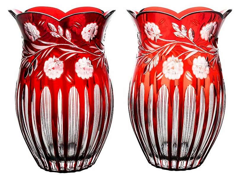 Appraisal: Large Pair Cut to Clear Red Vases probably Continental th