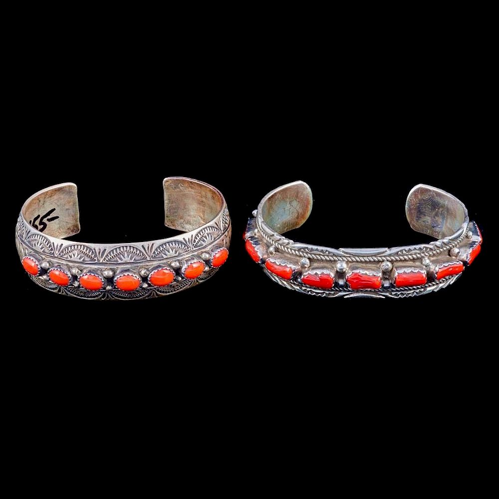 Appraisal: NAVAJO CUFF BRACELETS Two old pawn coral and sterling silver