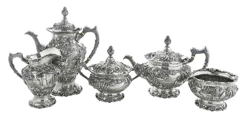 Appraisal: Five Piece Sterling Stieff Repousse Tea Service American th century