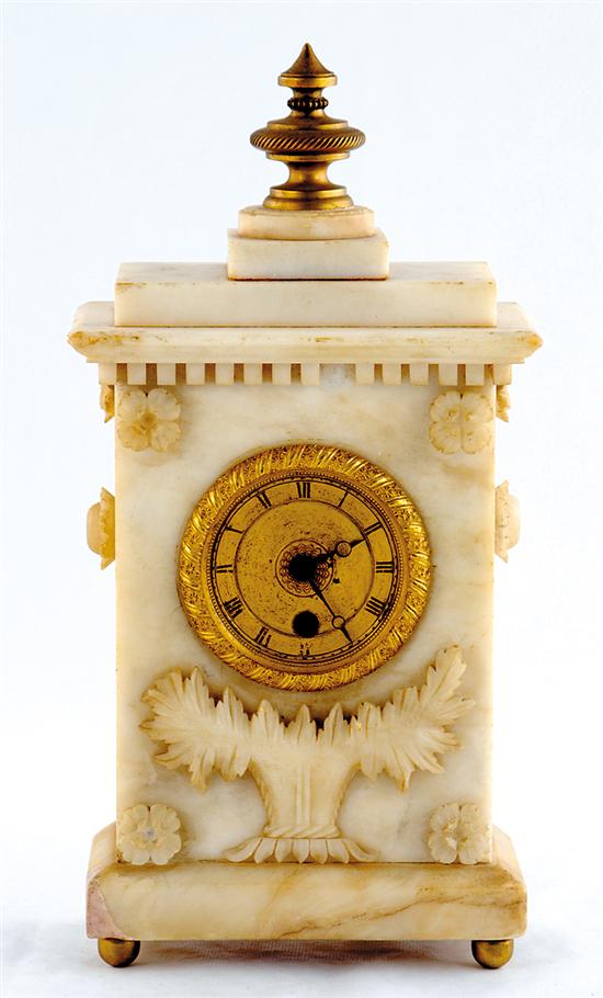 Appraisal: French ormolu mounted alabaster mantel clock circa metal finial atop