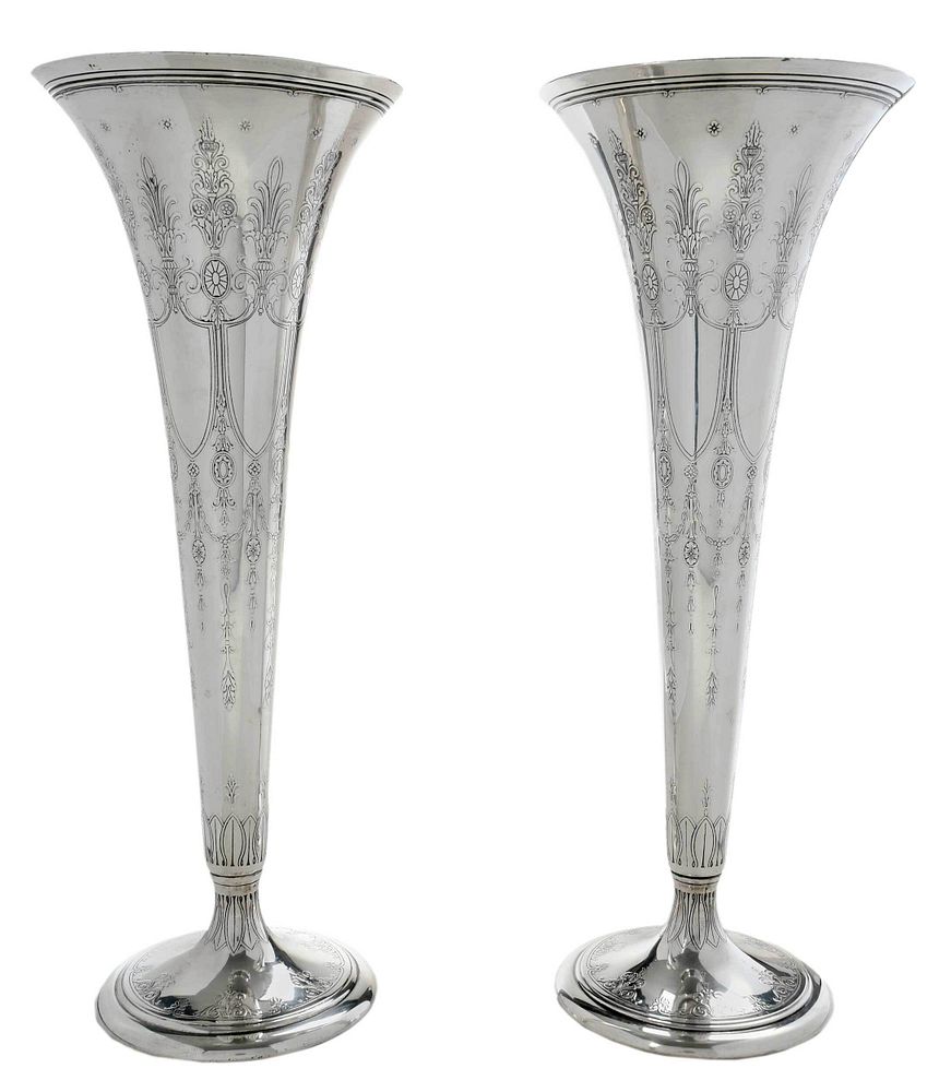 Appraisal: Pair of Tiffany Sterling Trumpet Vases American - fared rim